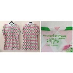 Allyson Whitmore Women 1X Golf Polo‎ Shirt Argyle Pink Green Golf Clubs Balls